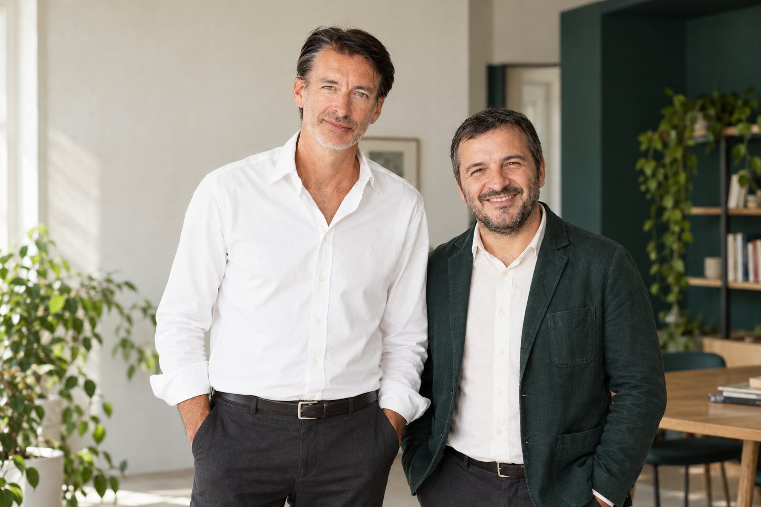 Riccardo Pittis e Loris Dal Poz in uno spazio di lavoro luminoso