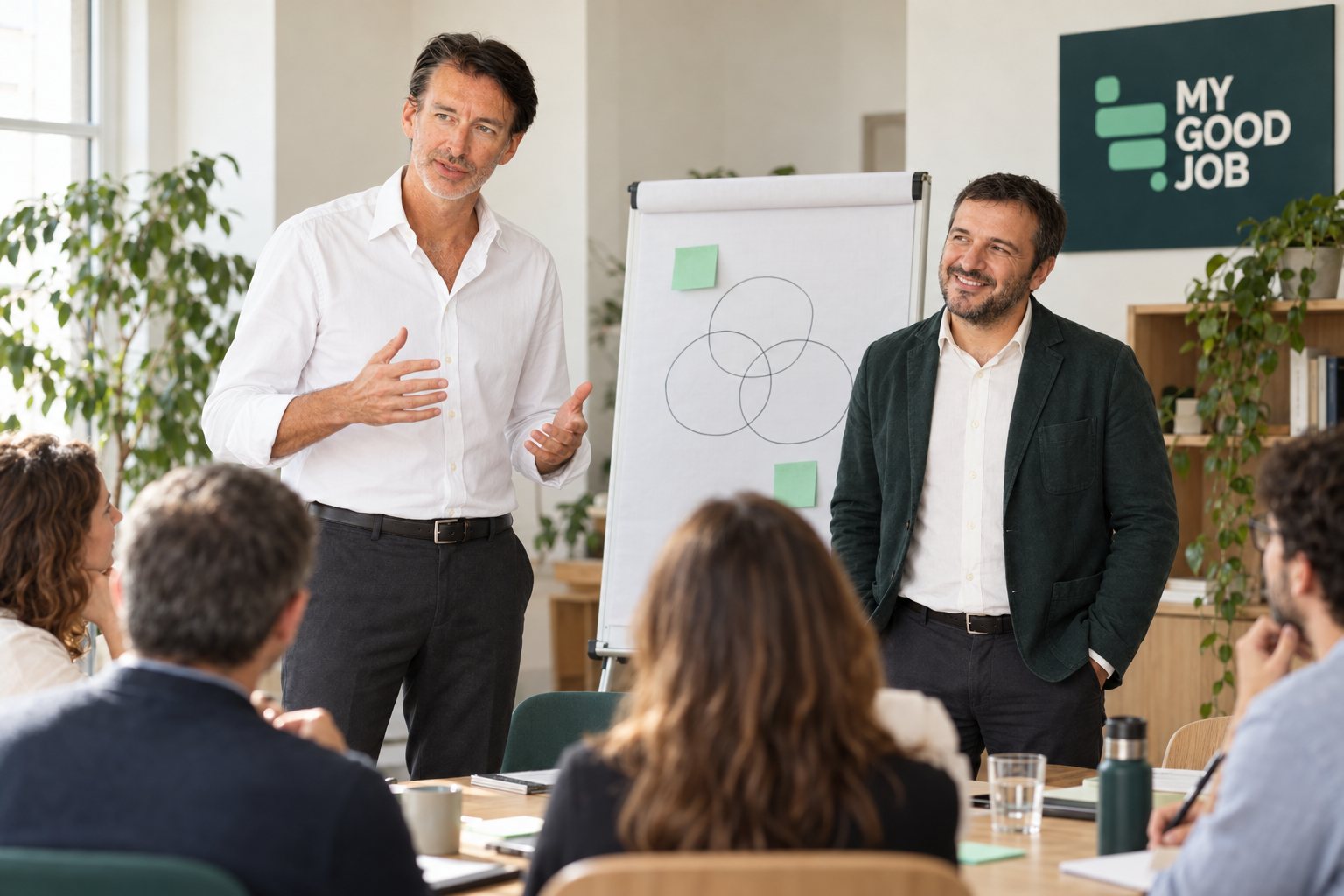 Riccardo Pittis e Loris Dal Poz conducono un workshop davanti a una lavagna