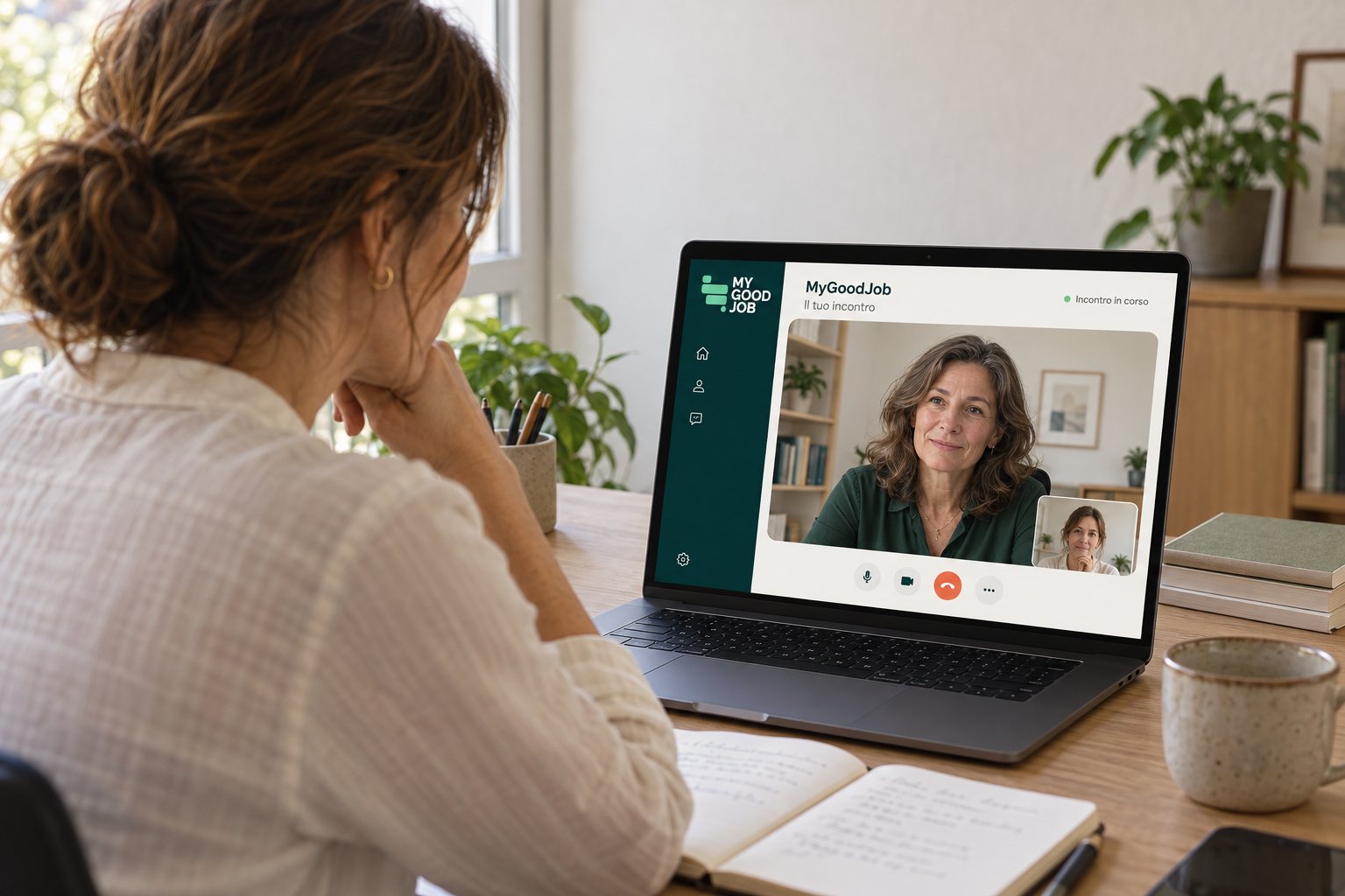 Una persona segue un incontro online MyGoodJob dal portatile