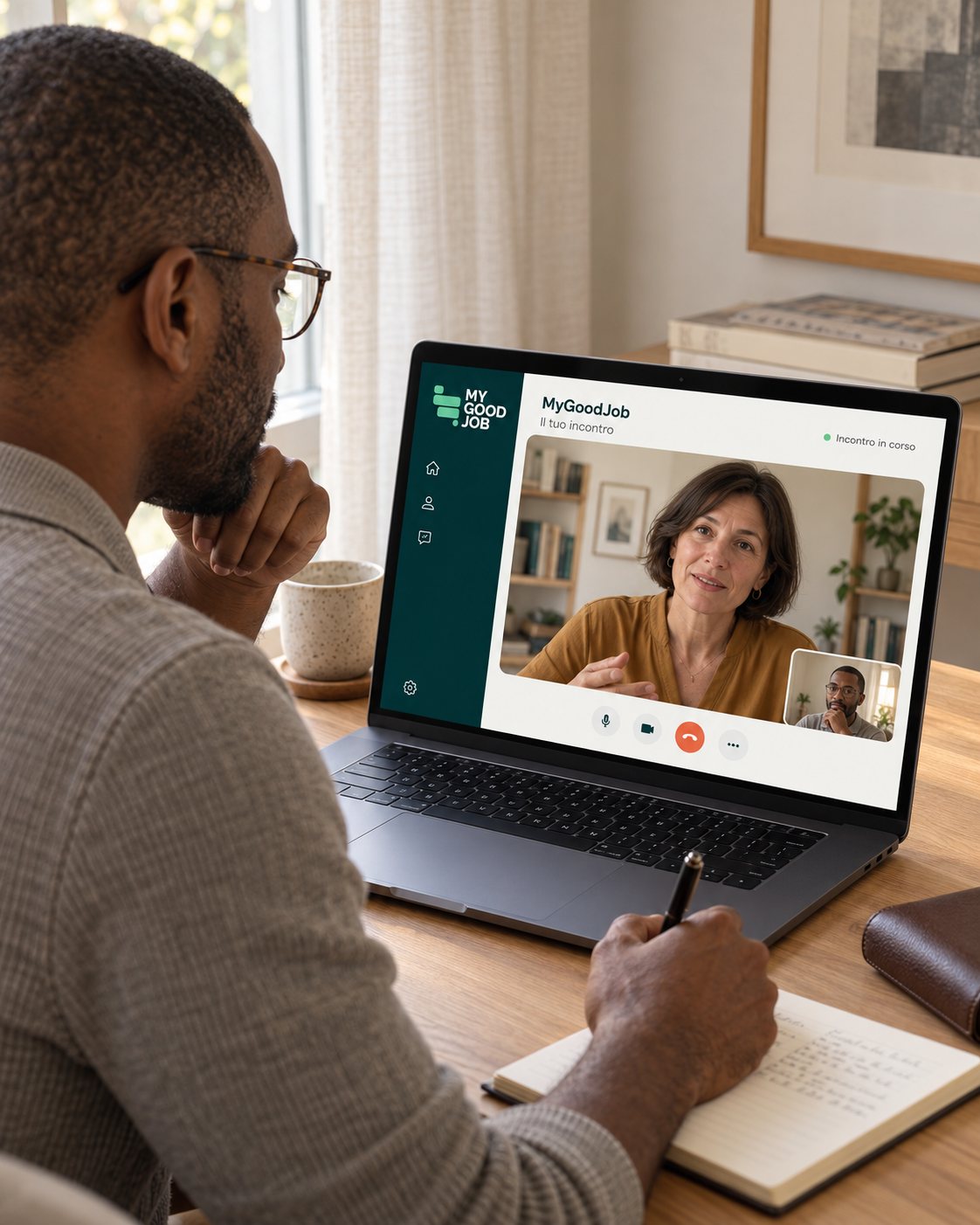 Un professionista segue un incontro online MyGoodJob dal portatile